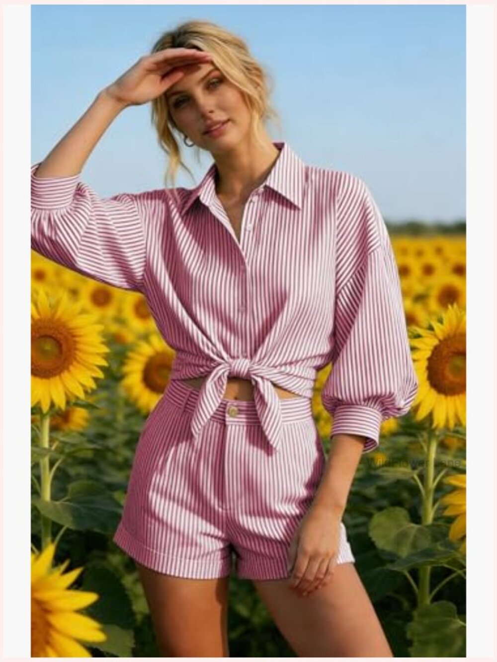 Striped Button Down Shirt 3/4 Puff Sleeve Collared V Neck Loose Blouse - Picture 2 of 7